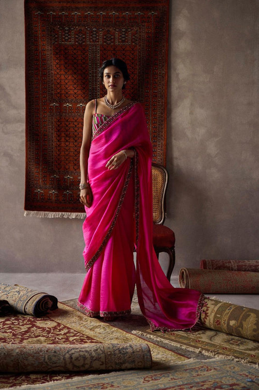Fuchsia Pink Organza Silk Saree Set