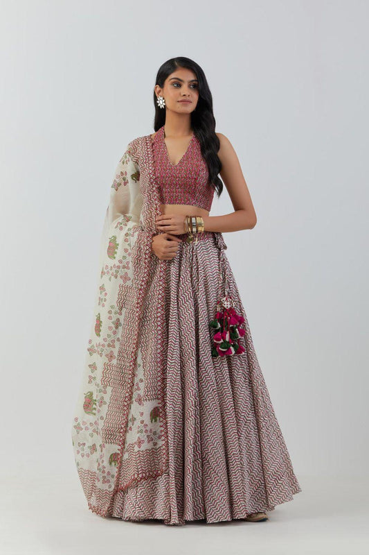 Ivory Printed Lehenga With Blouse & Dupatta
