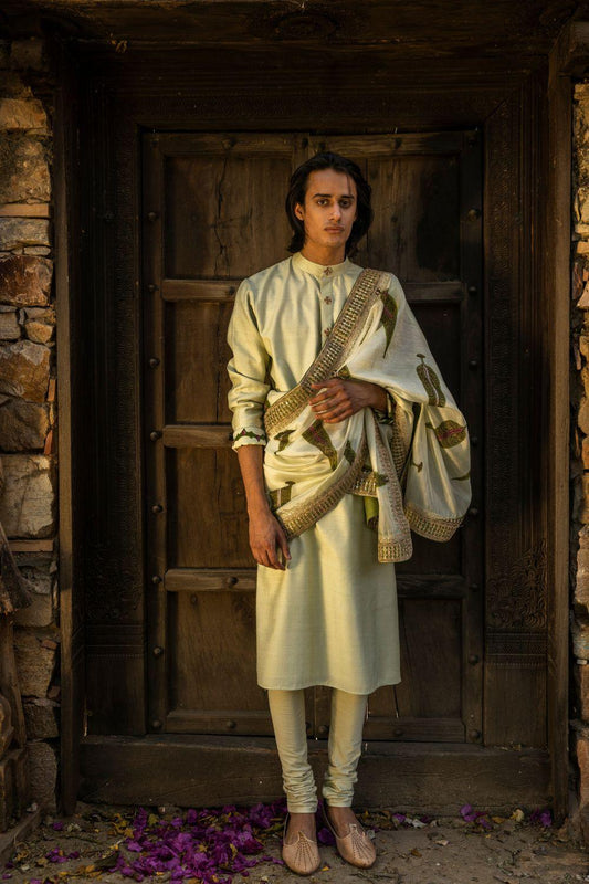 Mint Kurta  Embellished Buttons With Churidar And Marodi Work Stole
