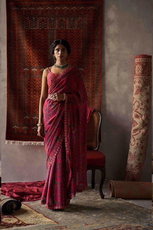 Cherry Red Chiffon Printed Saree Set