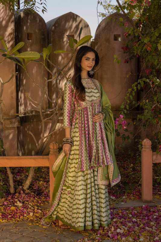 Hand Work Anarkali With Open Crushed Jacket And Dupatta