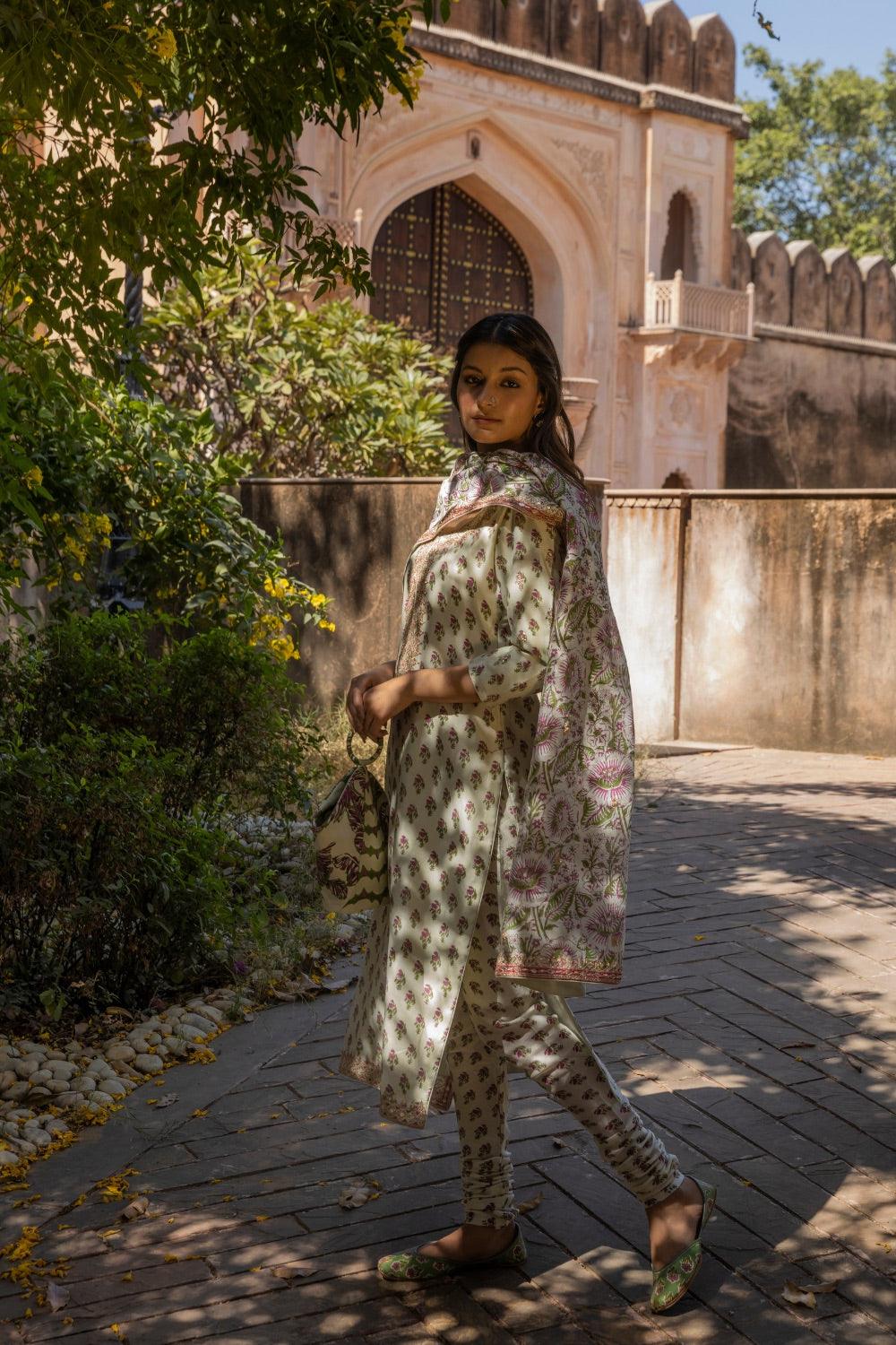Printed Straight Kurta With Printed Churidar And Dupatta