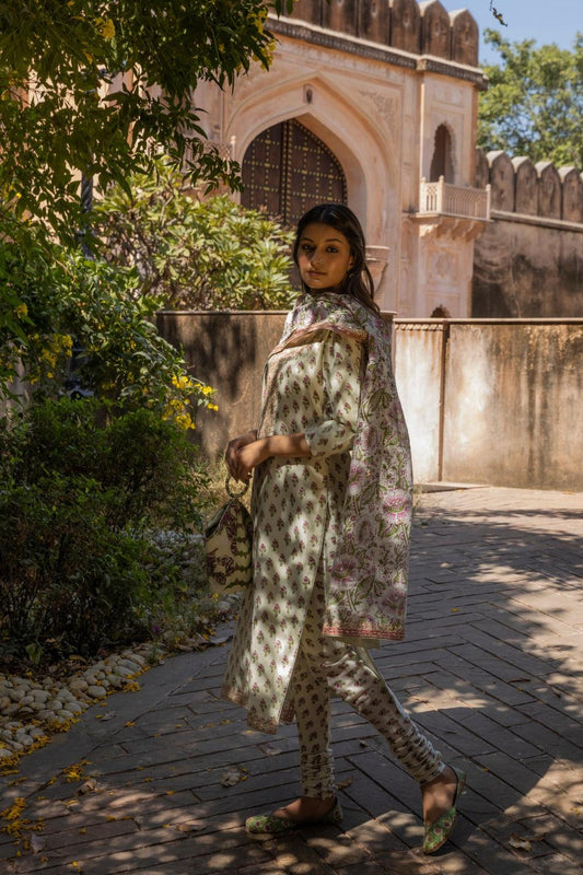Printed Straight Kurta With Printed Churidar And Dupatta
