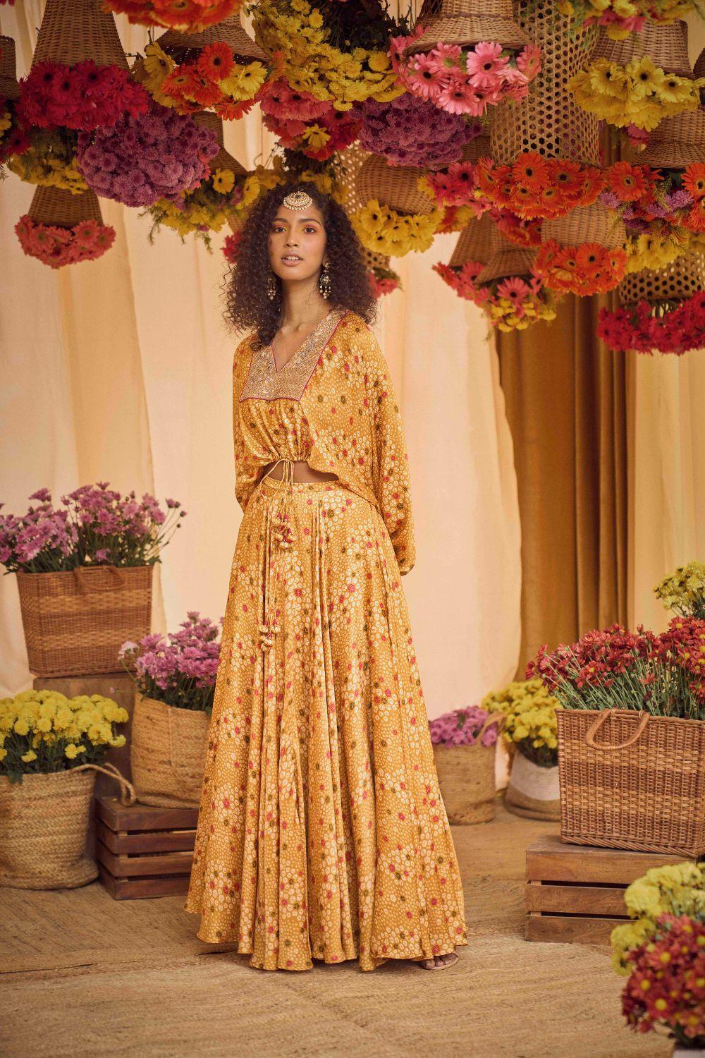 Mustard Printed Crop Top With Skirt