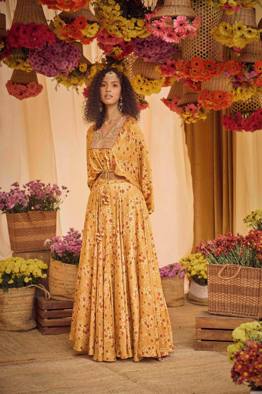 Mustard Printed Crop Top With Skirt