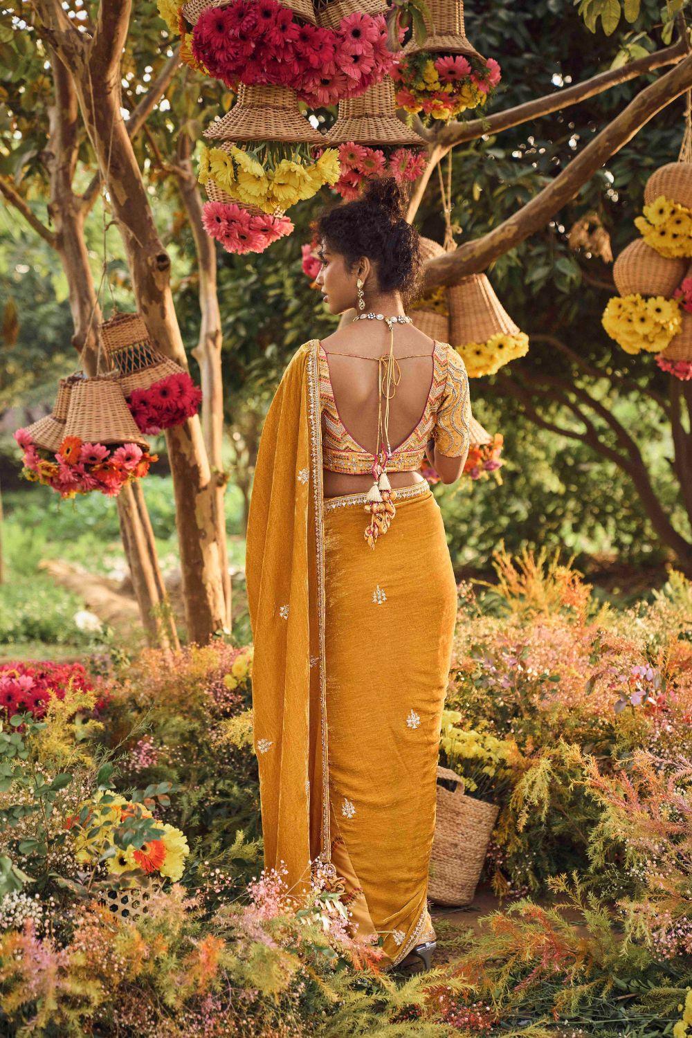 Mustard Velvet Palla Saree With Heavy Blouse