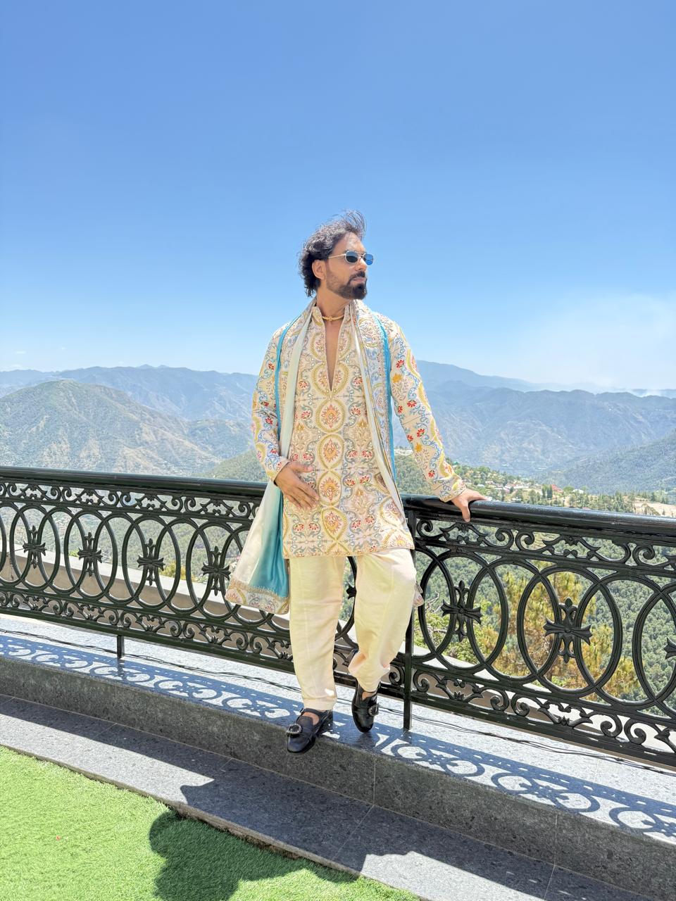 Ivory Printed Mens Kurta Set
