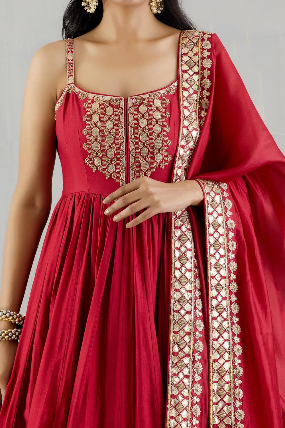 Red Strappy Heavy Anarkali  With Organza Silk Dupatta