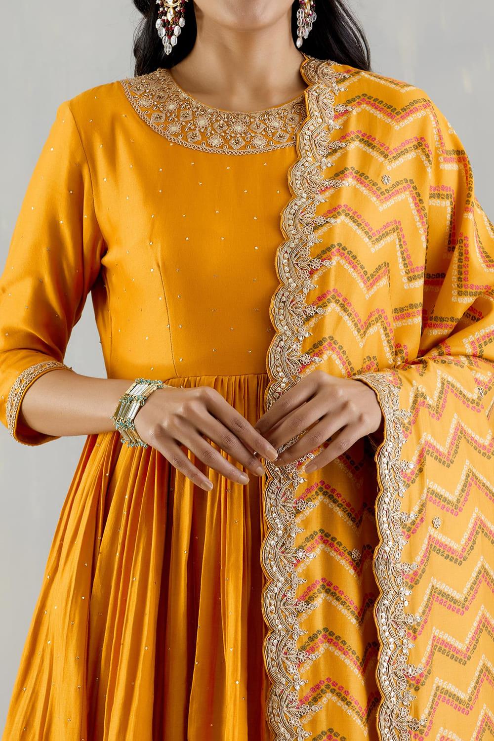 Mustard Anarakli  With Printed Dupatta And Chudidar