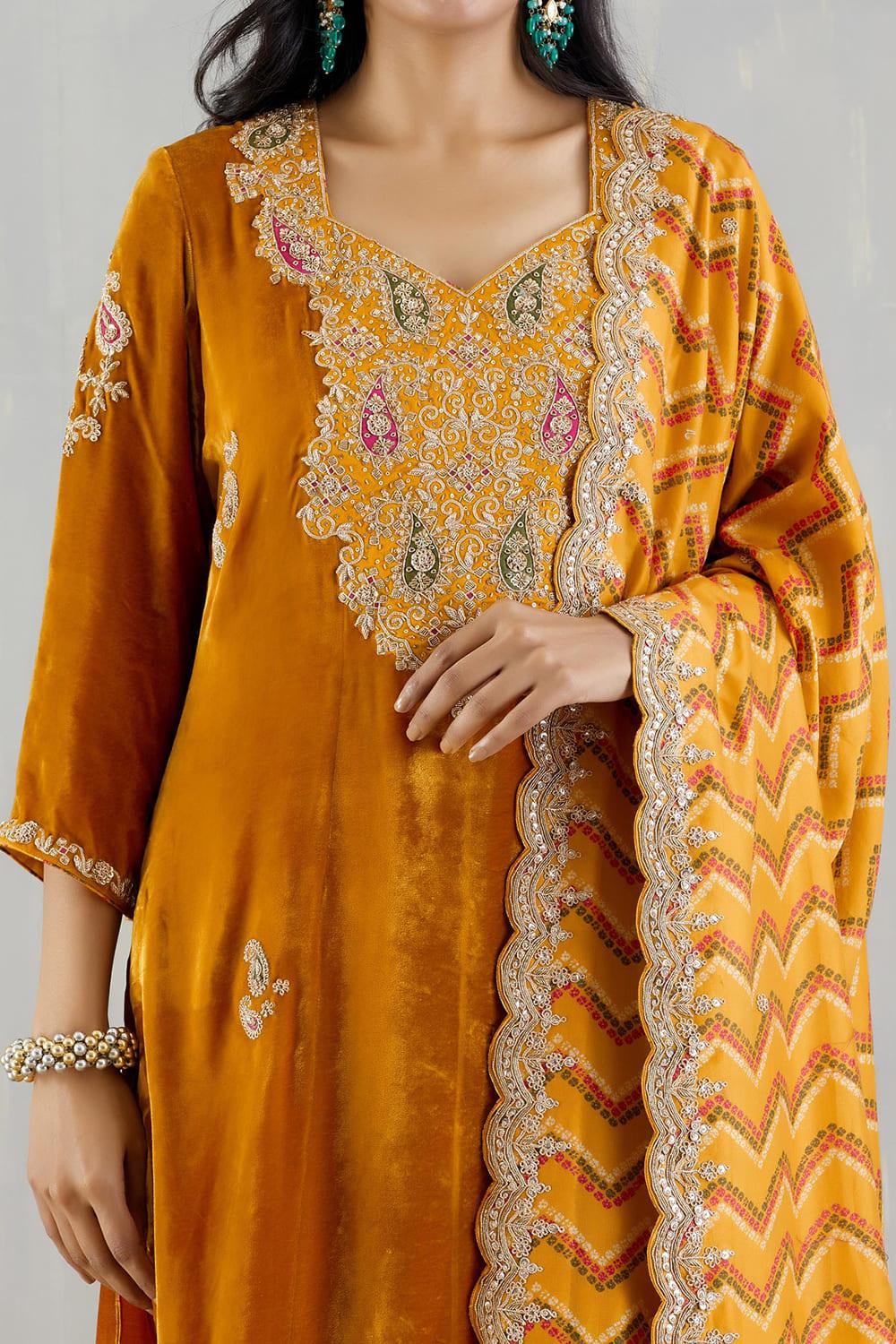 Mustard Velvet Kurta With Printed Dupatta