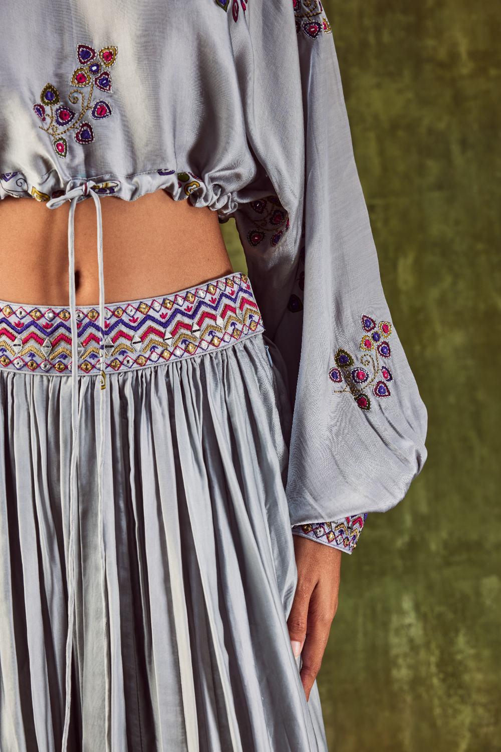 Grey Satin Silk Loose Top With Crush Skirt