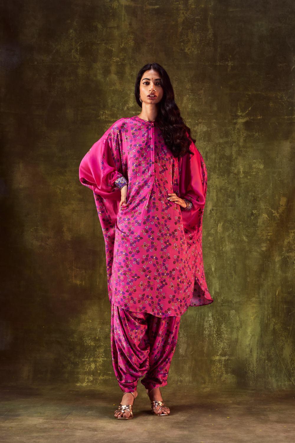 Pink Printed Loose Dress Paired With Cowl Pants