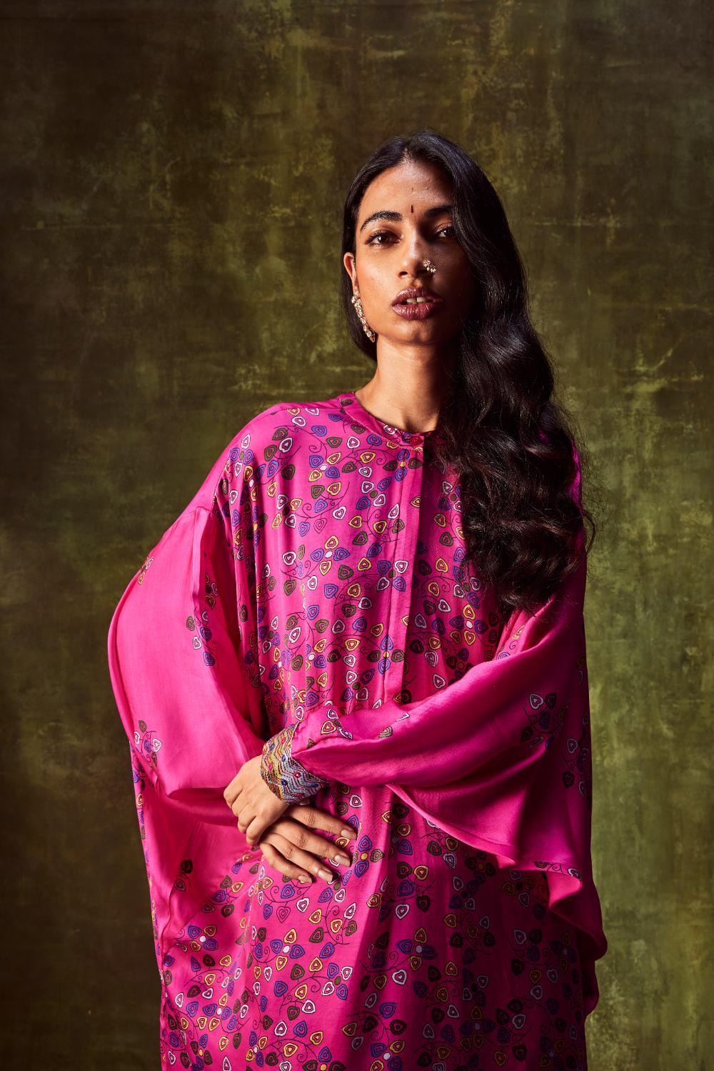 Pink Printed Loose Dress Paired With Cowl Pants