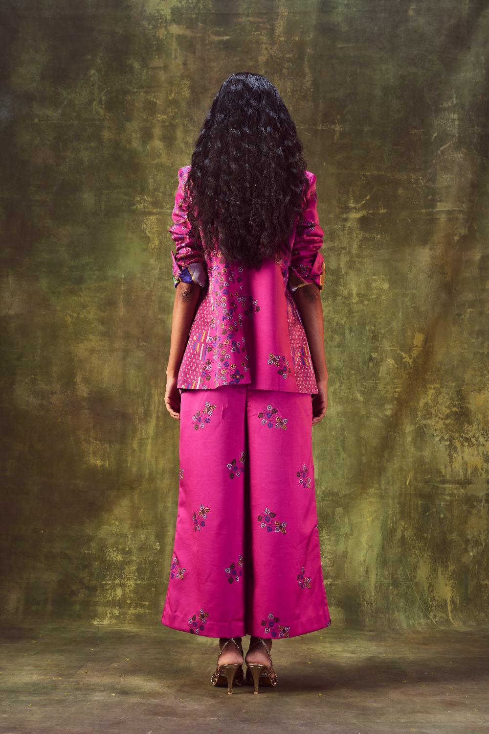Printed Jacket With Cowl Neck Top Paired With Wide Leg Pants