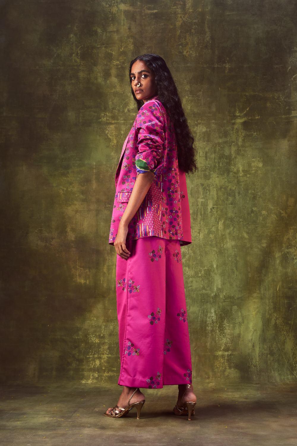 Printed Jacket With Cowl Neck Top Paired With Wide Leg Pants