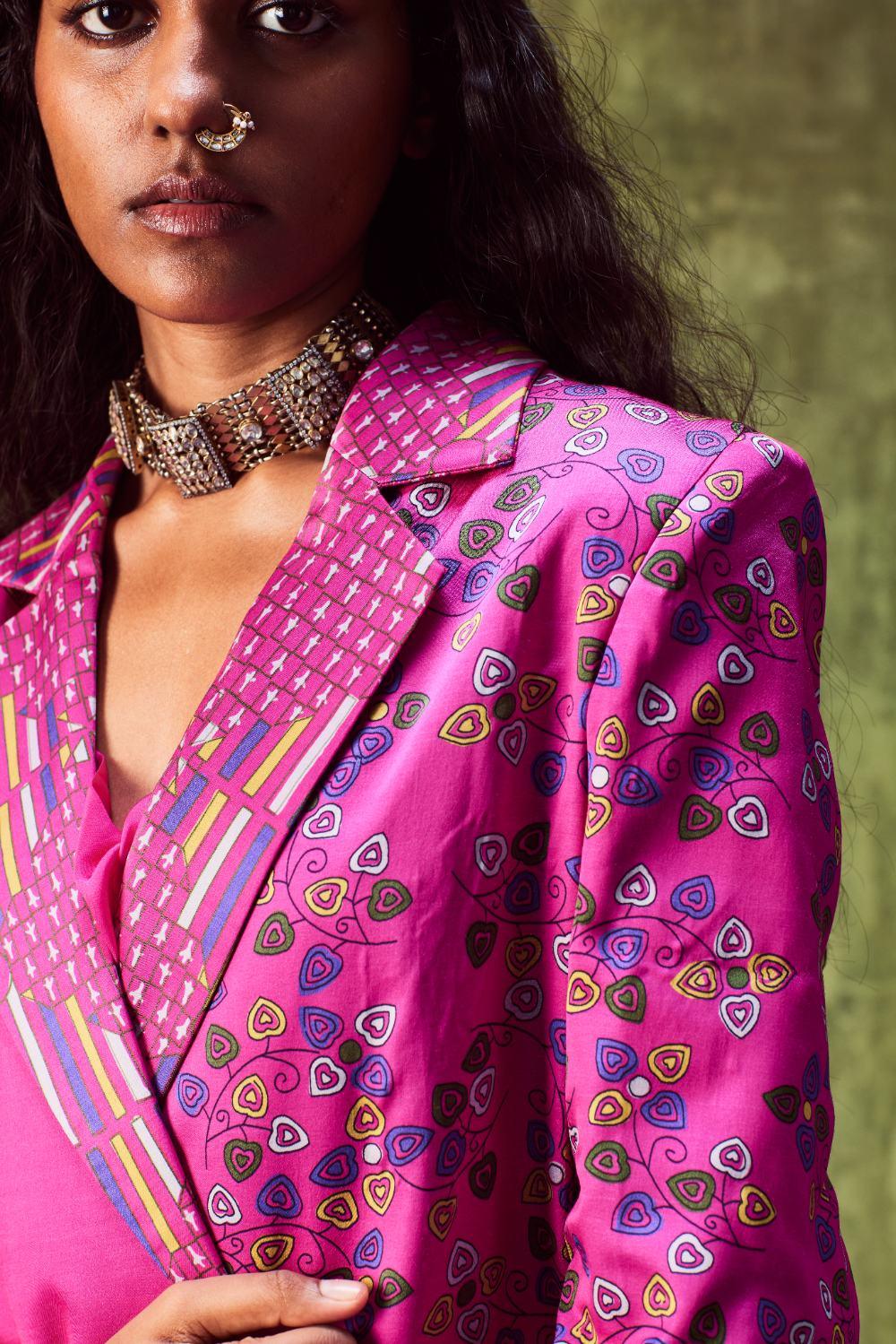 Printed Jacket With Cowl Neck Top Paired With Wide Leg Pants